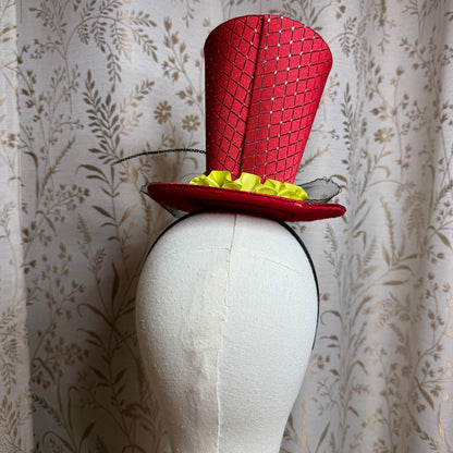 Day of the Dead Red Top Hat Headband Skull Feathers Ruffles Halloween Masquerade