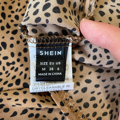 SHEIN Dalmation Print Flutter Blouse Tan Black Medium Keyhole Tie Office Siren