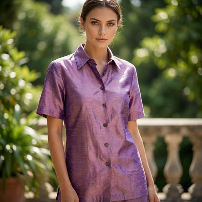 Tom Tom California Vintage Iridescent Silk Shirt Women M Purple Boho Artsy Retro