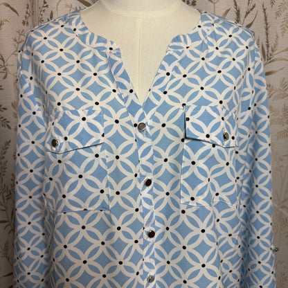 Notations Geometric Top Women XL Blue White Convertable Sleeve Office Corpcore