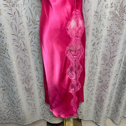 Shirley of Hollywood Hot Pink Satin Lace Slip Dress Womens S Romantic Coquette