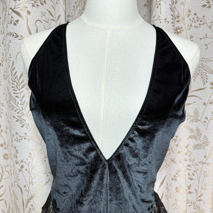 Victorias Secret Black Velvet Shine Teddy Bodysuit M/L Open Back Rhinestone Sexy