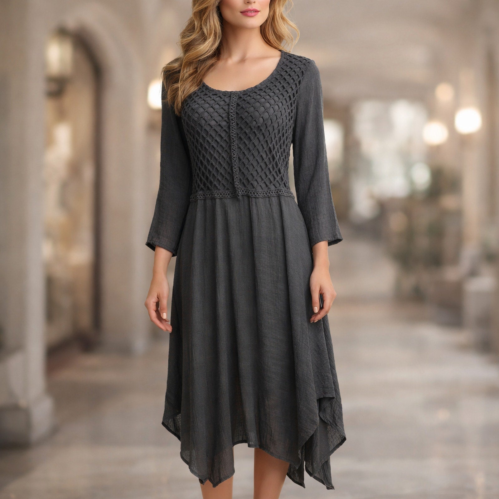 Monoreno Crochet Handkerchief Hem Midi Dress L Gray Boho Fairycore Whi – Closet Kitty