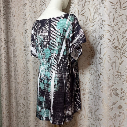 Style&Co Whimsigoth Tunic Blouse Women L Floral Silver Teal Flowy Boho Romantic