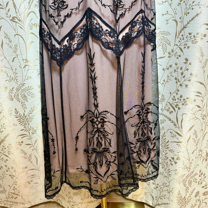 Newport News VTG Y2K Lace Mesh Flapper Dress 10 Black Pink Art Deco Gatsby 1920s