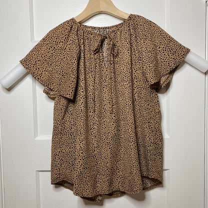 SHEIN Dalmation Print Flutter Blouse Tan Black Medium Keyhole Tie Office Siren