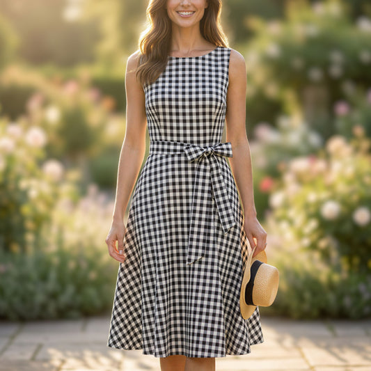 Hanpceirs Gingham Swing Dress Women 3XL Stretch Rockabilly Pinup Retro Cottage