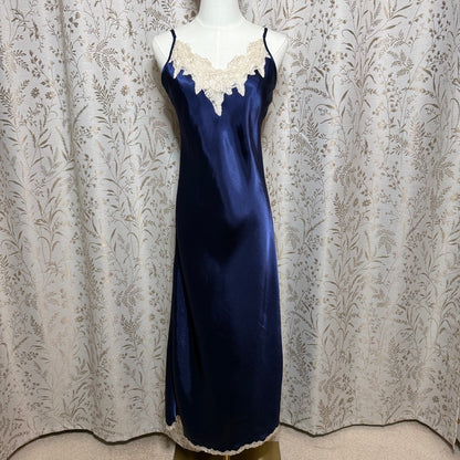 Jaclyn Smith Blue Satin Lace Trim Long Slip Dress Women M Vintage 90s Y2K Glam