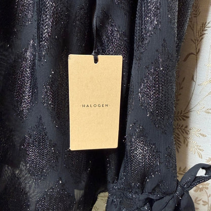Halogen NWT Metallic Argyle Tie Cuff Blouse Women XL Black Whimsigoth Holiday