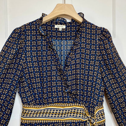 Max Studio Geometric Midi Dress Small Navy Blue Long Sleeve Boho Office Siren