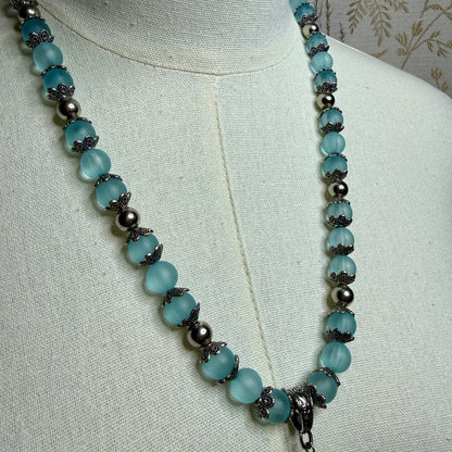 Vintage Frosted Blue Glass Orb Pendant Necklace 1990s Whimsigoth Boho Victorian