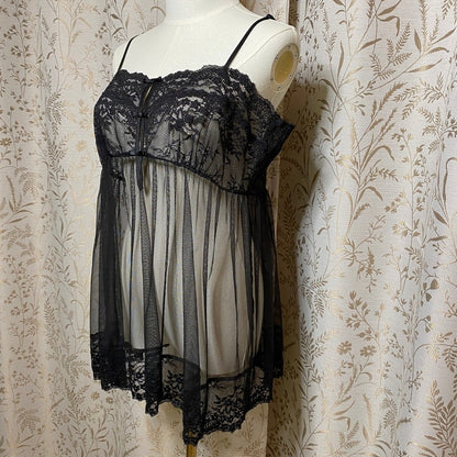 Victoria's Secret Black Sheer Lace Mesh Babydoll Slip Dress Large Romantic Vampy