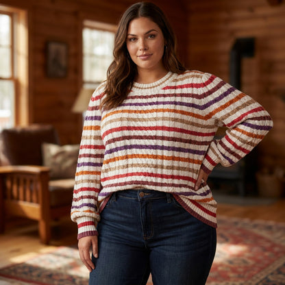 St Johns Bay Striped Cable Knit Puff Sleeve Sweater Women 2X Academia Retro Cozy