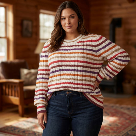 St Johns Bay Striped Cable Knit Puff Sleeve Sweater Women 2X Academia Retro Cozy