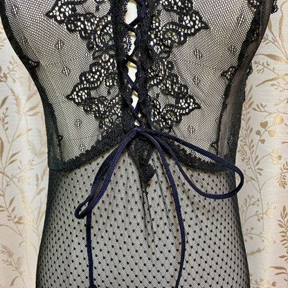 Fredericks of Hollywood Black Stretch Lace Chemise L Garter Goth Coquette Pin-Up