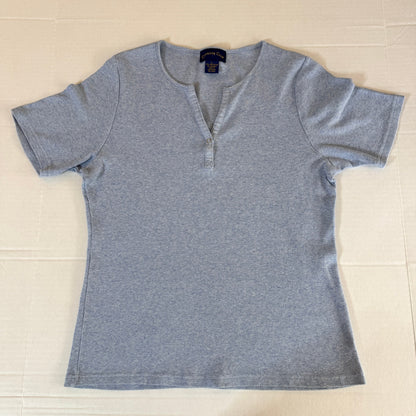 Charter Club Pima Cotton V Neck Henley Women L Blue Coastal Casual Americana