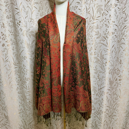 Paisley Pashmina Scarf Shawl Women OS Fringe Rust Olive Boho Autumnal Fairycore