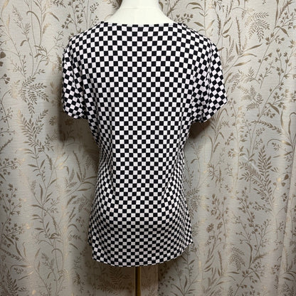 New York & Company Checkered Scoop Neck Pleated Top Women L Stretch Thrashed