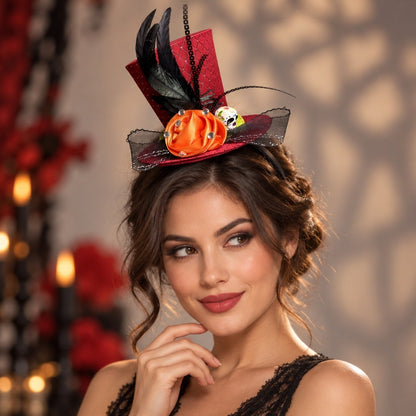 Day of the Dead Red Top Hat Headband Skull Feathers Ruffles Halloween Masquerade