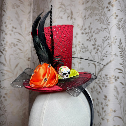 Day of the Dead Red Top Hat Headband Skull Feathers Ruffles Halloween Masquerade