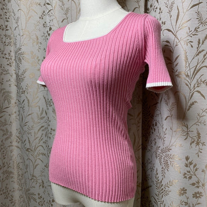 ZESICA Pink Ribbed Knit Sweater Top Small White Trim Short Sleeve Bodycon Preppy