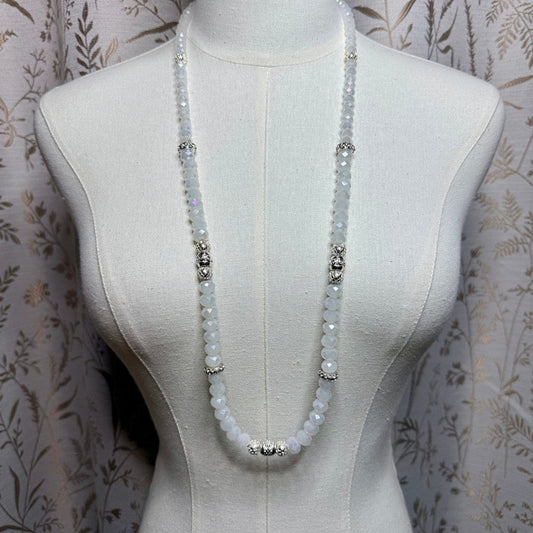 Vintage Artisan Faceted White Glass Bead Opera Rope Necklace 90s Boho Romantic
