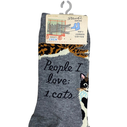 Blue Q "People I Love: Cats" Crew Socks NWT Gray Cotton Calico Tabby Kitten