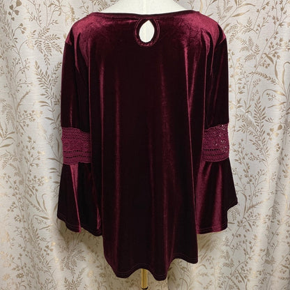 Velvet Burgundy Bell Sleeve Top XL Crochet Lace Boho Witchy Whimsigoth Retro
