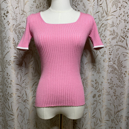 ZESICA Pink Ribbed Knit Sweater Top Small White Trim Short Sleeve Bodycon Preppy