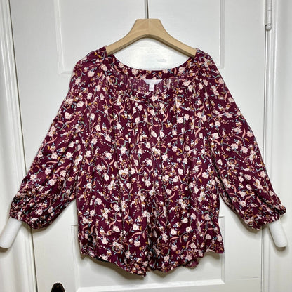 LC Lauren Conrad Floral Balloon Sleeve Blouse Womens L Boho Peasant Top Maroon
