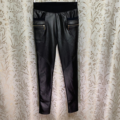 Julia Black Faux Leather Front Leggings Small Gold Zipper Moto Baddie Streetwear