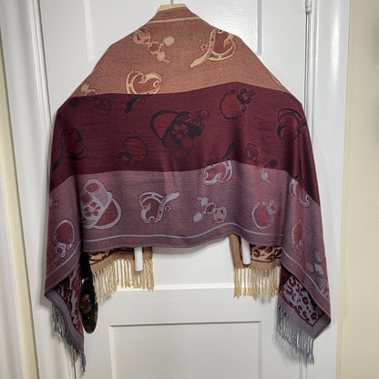 Reversible Pashmina Shawl Wrap Burgundy Tan Leopard Novelty Print Fringed Boho