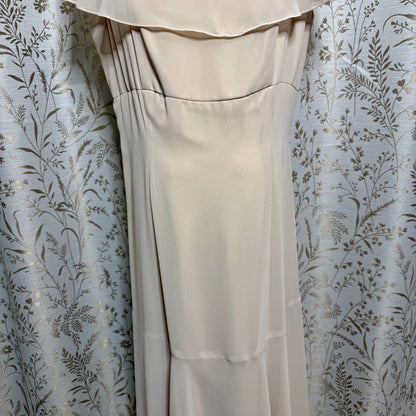 Liz Claiborne Beige Ruffle V-Neck Midi Dress Womens 16 Beaded Wedding Romantic