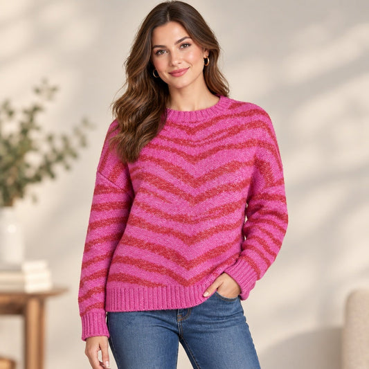 Nine West Red Pink Zebra Print Sweater Women L Dopamine Dressing Barbiecore Bold