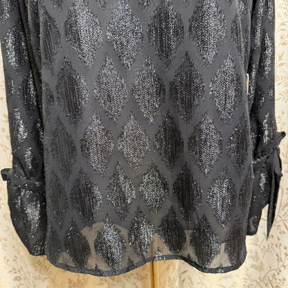 Halogen NWT Metallic Argyle Tie Cuff Blouse Women XL Black Whimsigoth Holiday