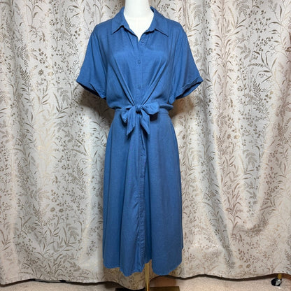 Grace Karin Tie Front Shirt Dress Women XL Blue Linen Blend Coastal Minimalist