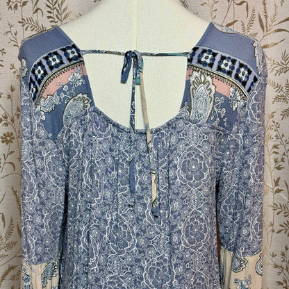 Knox Rose Floral Strappy Tunic Top Womens L Blue Boho Peasant Prairie Romantic