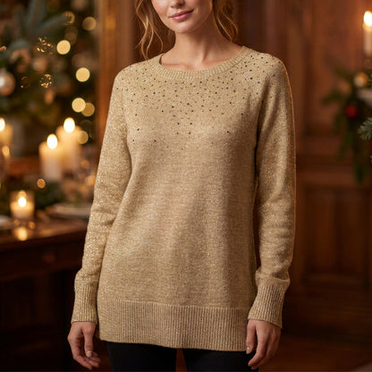 Apt. 9 Holiday Gold Rhinestone Tunic Sweater Womens Large Sparkle Festive Party