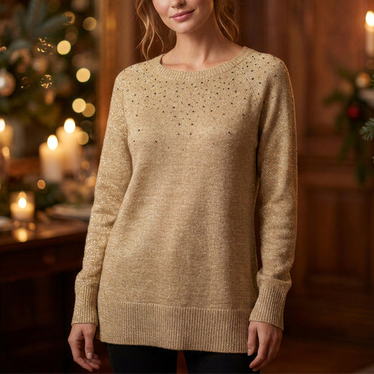 Apt. 9 Holiday Gold Rhinestone Tunic Sweater Womens Large Sparkle Festive Party