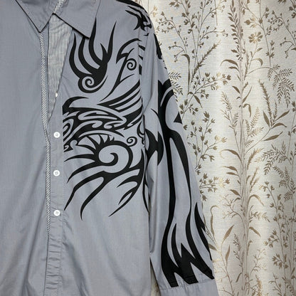 Jeansian Graphic Long Sleeve Button Up Shirt Mens M Gray Y2K Streetwear Cyber