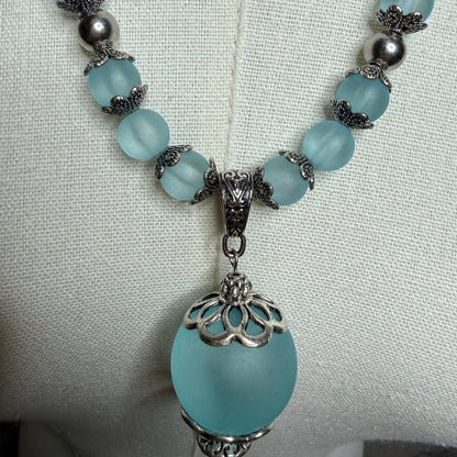 Vintage Frosted Blue Glass Orb Pendant Necklace 1990s Whimsigoth Boho Victorian