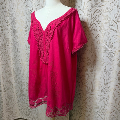 Motto Crochet V Neck Tunic Top Womens 3X Pink Boho Peasant Plus Size Festival