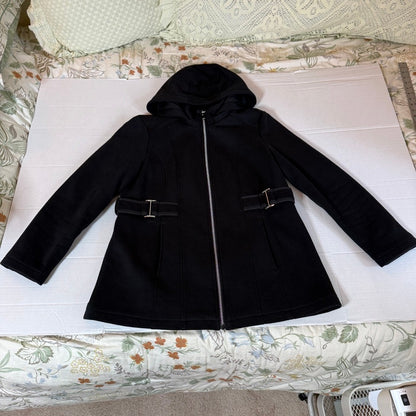 Details INTL Black Hooded Full-Zip Knit Jacket Women L Minimalist Dark Academia