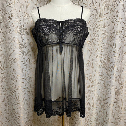 Victoria's Secret Black Sheer Lace Mesh Babydoll Slip Dress Large Romantic Vampy
