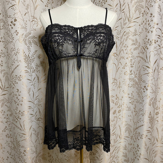 Victoria's Secret Black Sheer Lace Mesh Babydoll Slip Dress Large Romantic Vampy