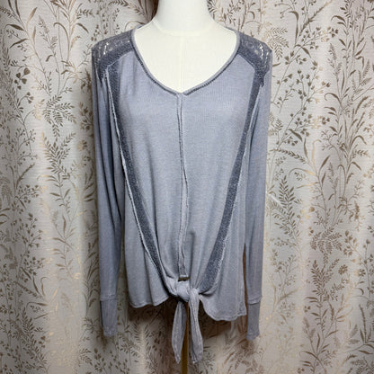 Knox Rose Front Tie Waffle Knit Top Women XL Gray Lace Boho Cozycore Romantic