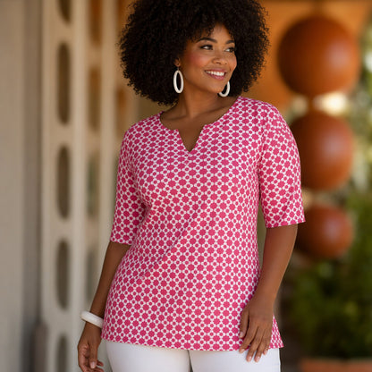 Croft & Barrow Pink Geo Floral Cotton Top Large Retro Mod Preppy Coastal Office