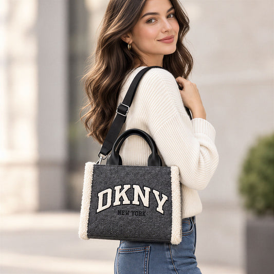 DKNY Hadlee Small Tote Gray Felt Faux Shearling Crossbody Logo NWT Chalet Chic