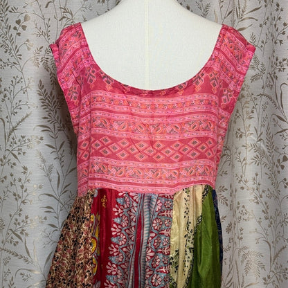 Kashi Vintage 100% Silk Patchwork Boho Midi Dress Womens L Pink Floral Festival