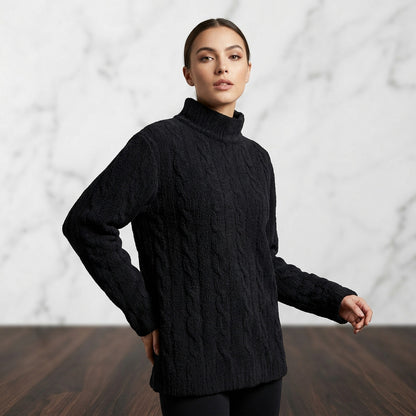 Black Cable Knit Mock Neck Sweater L Soft Fuzzy Textured Plush Pullover Cozycore